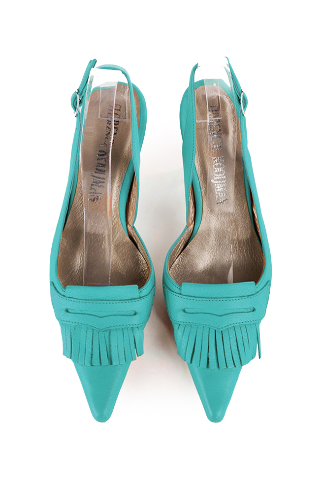 Aquamarine blue women's slingback shoes. Pointed toe. High spool heels. Top view - Florence KOOIJMAN